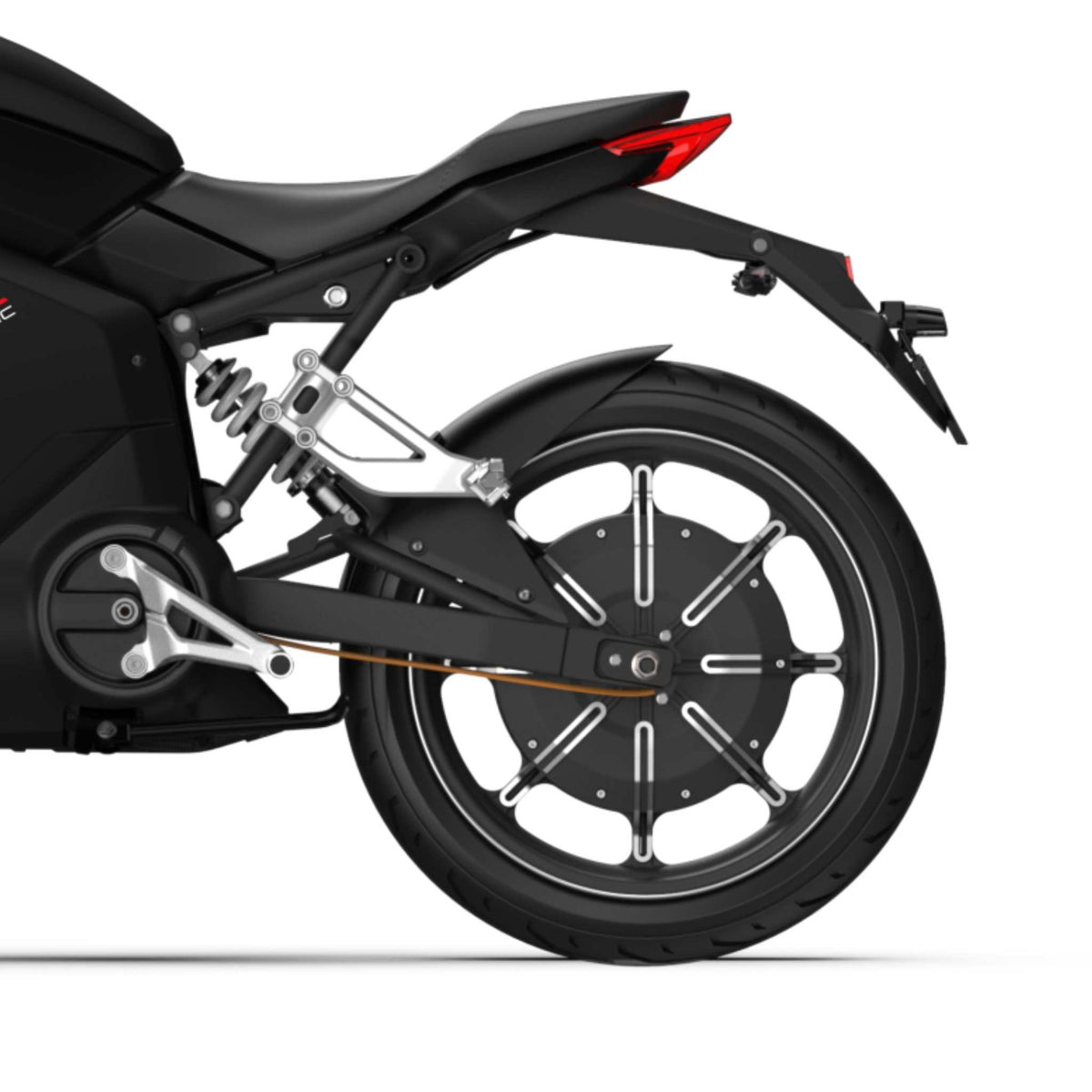 Rückansicht des VMOTO TSX 72V Elektrorollers von VMOTO mit dem leistungsstarken 72V-Antrieb, Hinterrad und Federung. Das Motorrad-Design besticht durch kantige Linien und einen schnittigen, sportlichen Look vor weißem Hintergrund.