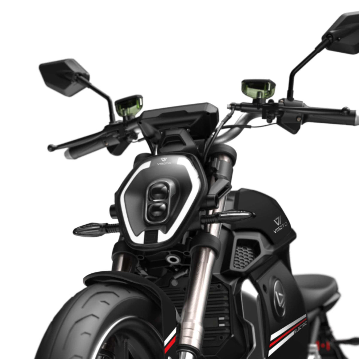Eine Nahaufnahme der Front des VMOTO TSX 72V, ein leistungsstarker 45 km/h Elektroroller von VMOTO im schnittigen Motorrad-Design mit kantigen LED-Scheinwerfern, Spiegeln und schwarzer Karosserie mit roten und weißen Streifen.
