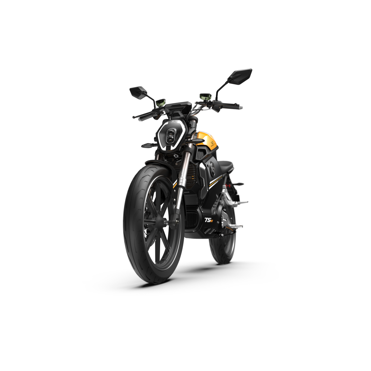 Der VMOTO TSX 72V Elektroroller in modernem Schwarz und Gelb, mit rundem LED-Scheinwerfer, Seitenspiegeln und sportlichem Motorrad-Design, wird frontal vor weißem Hintergrund gezeigt. Marke: VMOTO. Geschwindigkeit: bis 45 km/h.