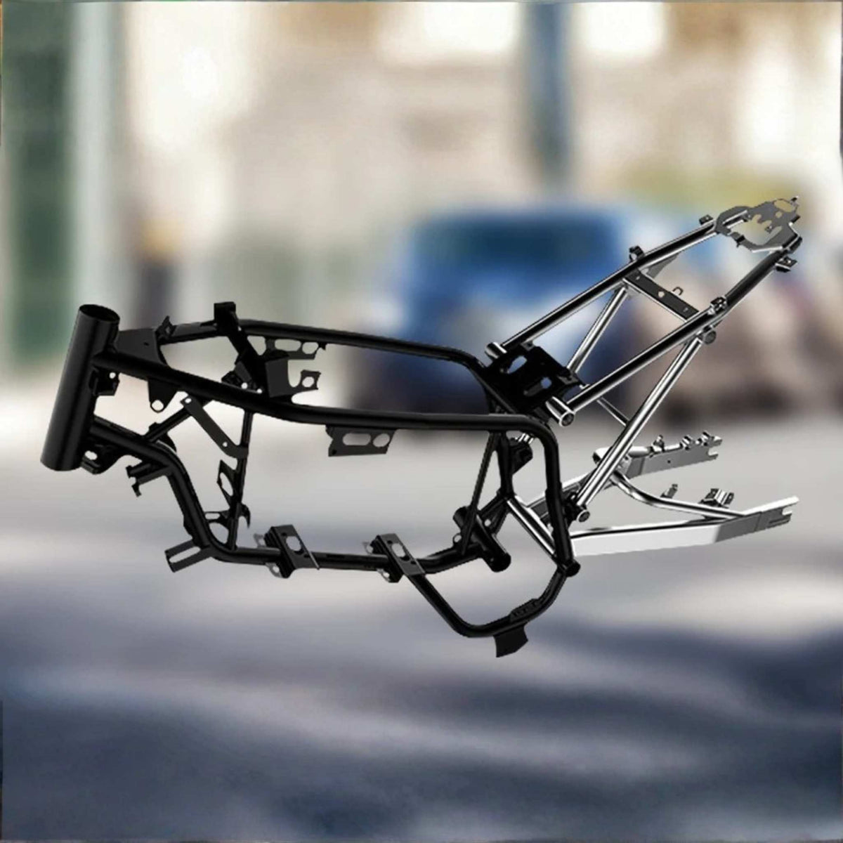 Eine Nahaufnahme des VMOTO TSX 72V Elektroroller-Rahmens hebt die schwarz-silbernen Metallkomponenten und das schnittige Motorrad-Design vor einem unscharfen Outdoor-Hintergrund hervor.