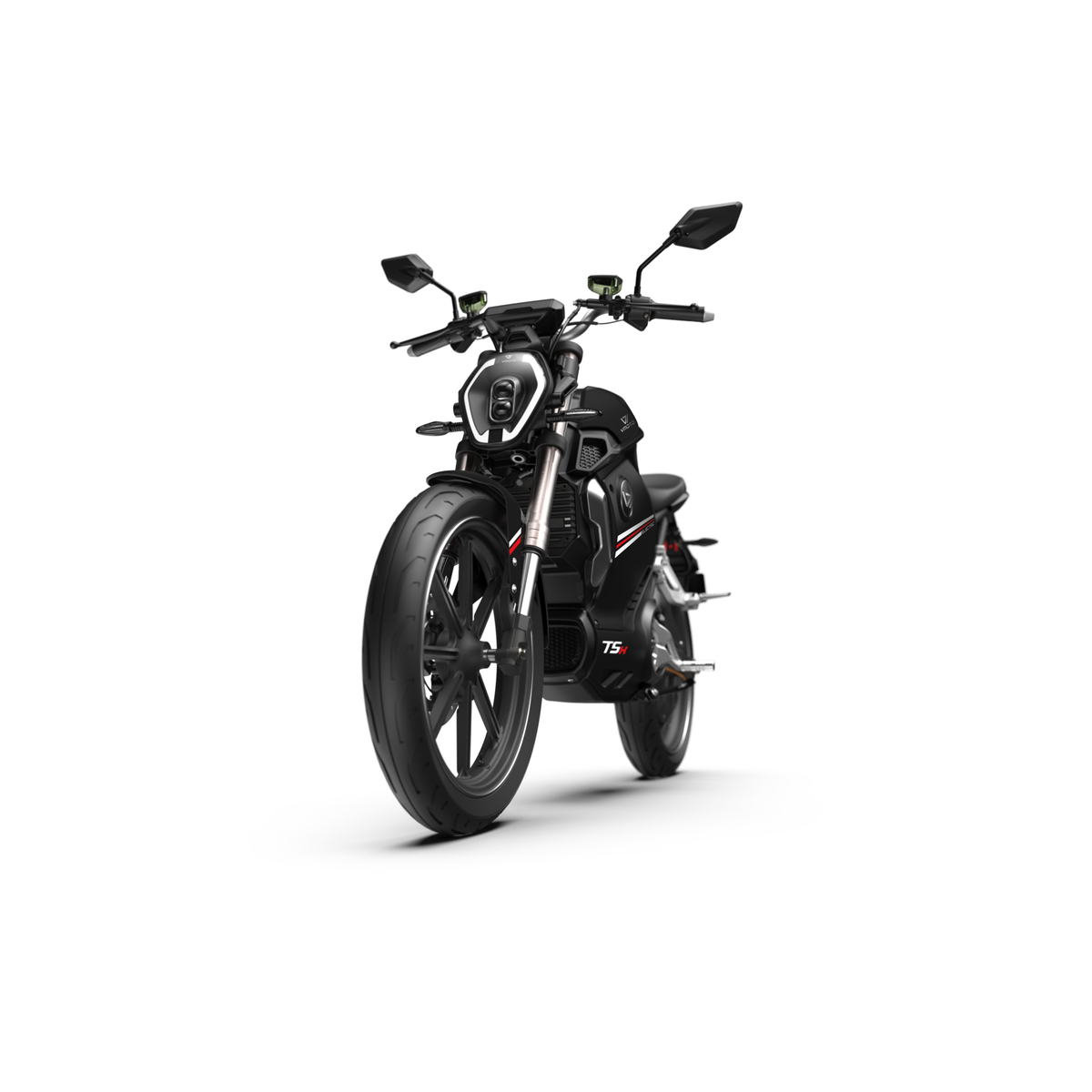 Der VMOTO TSX 72V, ein schnittiger schwarzer Elektroroller im sportlichen Motorrad-Design, wird schräg auf weißem Hintergrund gezeigt, wobei das große Vorderrad, die kantigen Spiegel und der leistungsstarke 72V-LED-Scheinwerfer hervorgehoben werden.