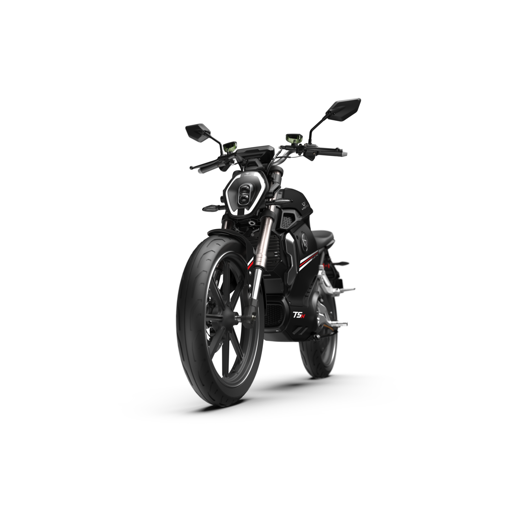 Der VMOTO TSX 72V, ein schnittiger schwarz-silberner Elektroroller im Motorrad-Design, verfügt über einen runden Scheinwerfer, kantige Spiegel und das TS-Branding, das seine 72-Volt-Leistung aus einem niedrigen Winkel vor einem weißen Hintergrund hervorhebt.