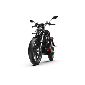 Der VMOTO TSX 72V, ein schnittiger schwarzer Elektroroller im sportlichen Motorrad-Design, wird schräg auf weißem Hintergrund gezeigt, wobei das große Vorderrad, die kantigen Spiegel und der leistungsstarke 72V-LED-Scheinwerfer hervorgehoben werden.