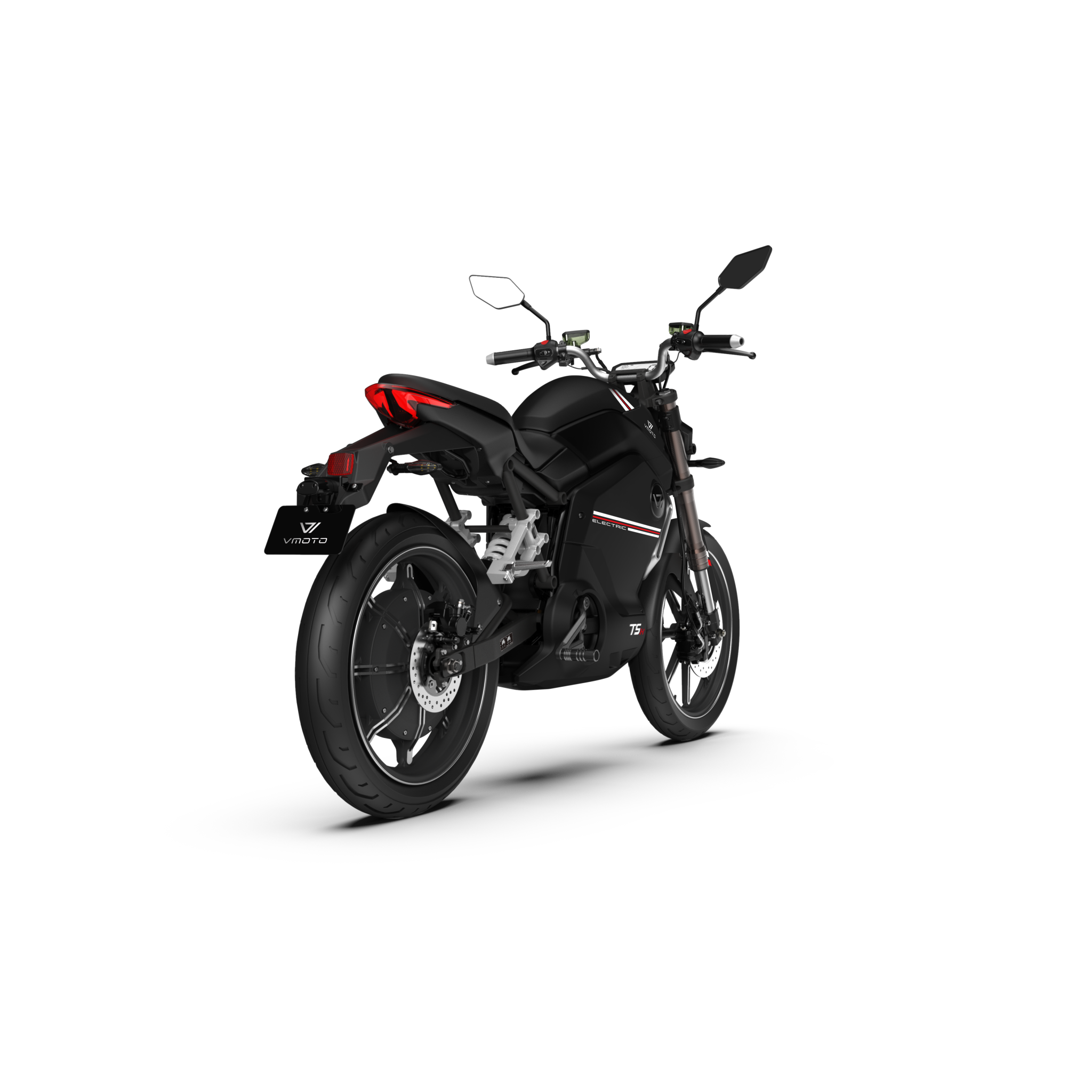 Der VMOTO TSX 72V von VMOTO, ein leistungsstarker 45 km/h schneller Elektroroller im Motorrad-Design, zeigt sich von hinten links in schlichtem Schwarz mit sportlicher Linienführung, Digitalanzeige, zwei Spiegeln und einem Einzelstoßdämpfer hinten auf weißem Grund.