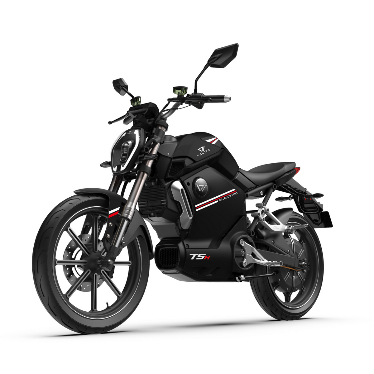Der VMOTO TSX 72V, ein leistungsstarker 45 km/h schneller Elektroroller im modernen Motorrad-Design, besticht durch sein schnittiges schwarzes Design mit weißen und roten Akzenten, kantigen Spiegeln und sportlicher Optik - dargestellt aus einem niedrigen Winkel von vorne links auf weißem Hintergrund.
