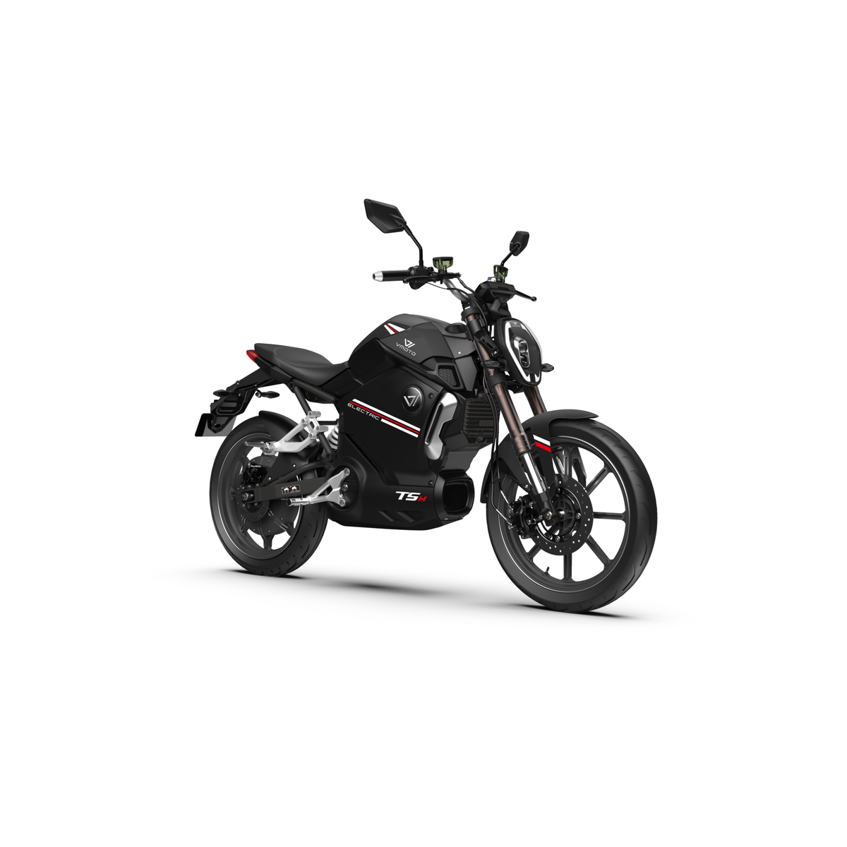 Der VMOTO TSX 72V ist ein schnittiger schwarzer Elektroroller mit roten und weißen Akzenten, sportlichem Motorrad-Design, kantiger Karosserie und großen Leichtmetallrädern, von vorne gesehen auf weißem Hintergrund. Höchstgeschwindigkeit: 45 km/h.