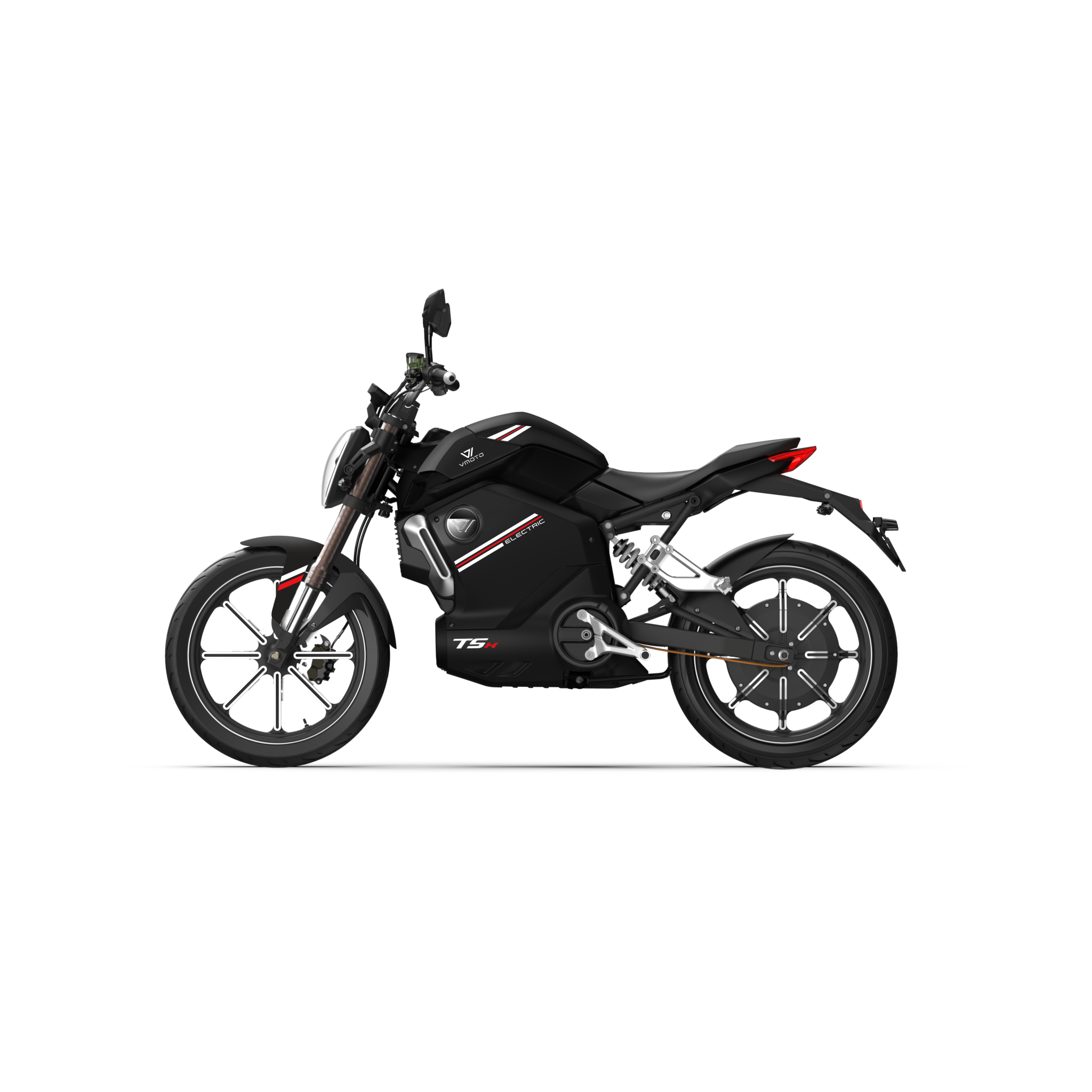 Seitenansicht des VMOTO TSX 72V Elektrorollers in schwarz mit sportlichem Motorrad-Design, TS-Label neben dem Motor, roten Akzenten, Leichtmetallrädern und modernem Styling von VMOTO-45 km/h Elektroroller vor weißem Hintergrund.