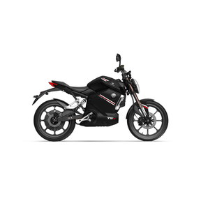 Der VMOTO TSX 72V, ein leistungsstarker 45 km/h Elektroroller im Motorrad-Design, wird in der Seitenansicht gezeigt. Der schnittige schwarze Roller hat rote und weiße Akzente, sportliche Räder und einen minimalistischen Rahmen auf weißem Grund.