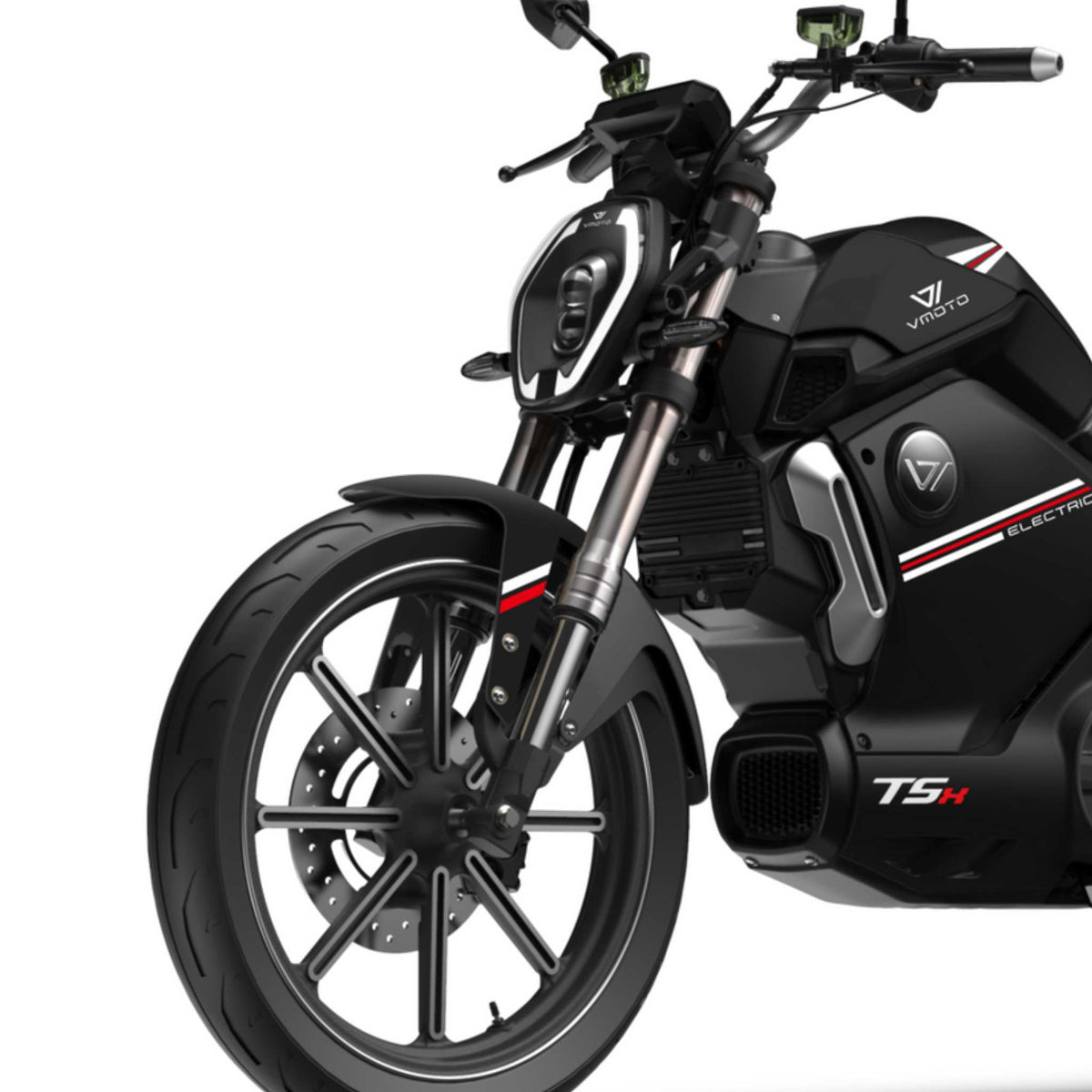 Eine Nahaufnahme zeigt den VMOTO TSX 72V Elektroroller im Motorrad-Design mit schwarzer Karosserie, großem Vorderrad, schlanken Linien und rot-weißen Akzenten. Dieser leistungsstarke 45 km/h schnelle Elektroroller trägt das VMOTO-Branding und die TSX 72V-Modellangaben.