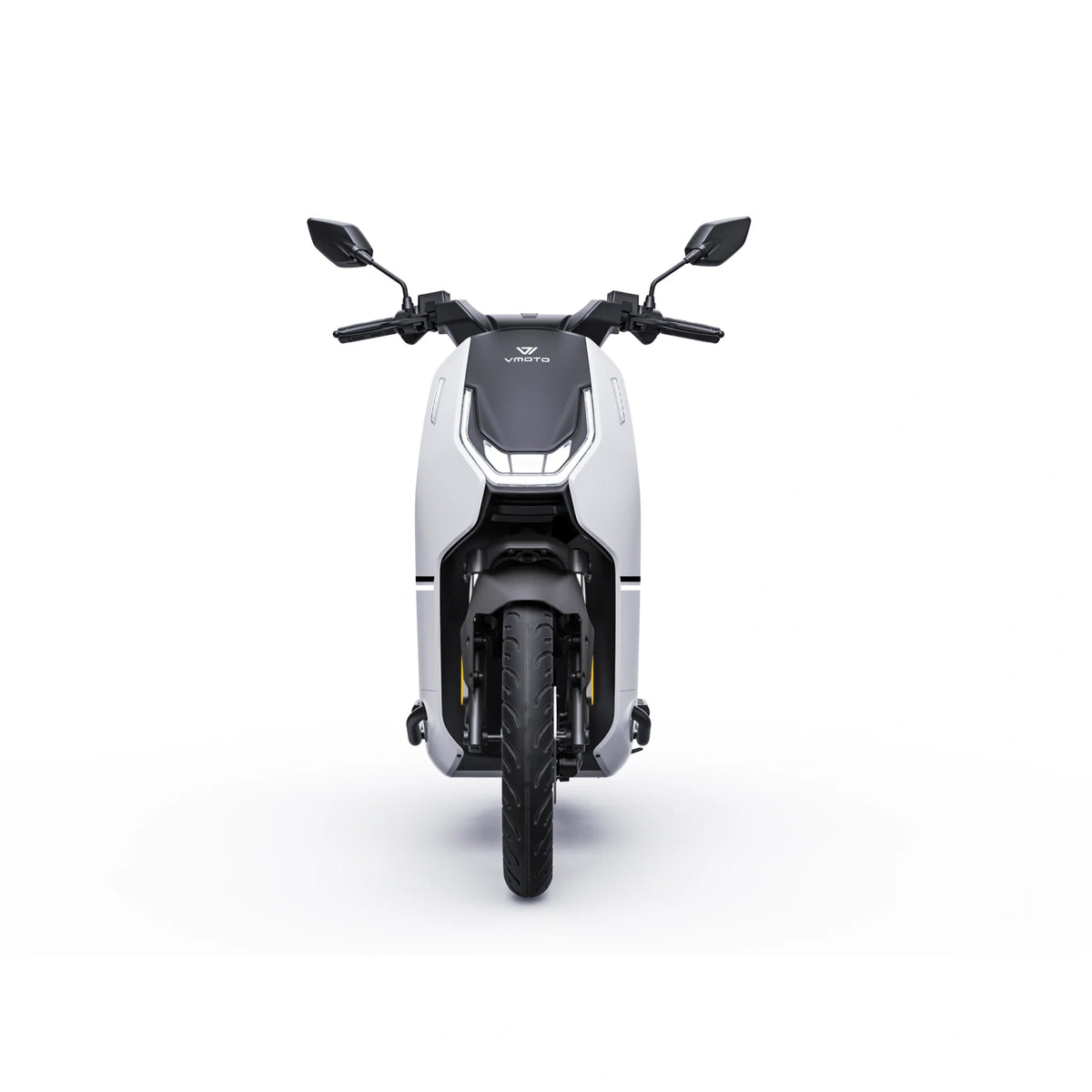 Weißer VMoto CITI Elektroroller, Frontansicht mit LED-Tagfahrlicht – 74V/2×30Ah, 45 km/h (L1e). SONS OF ELECTRICITY, Dortmund, Deutschland.
