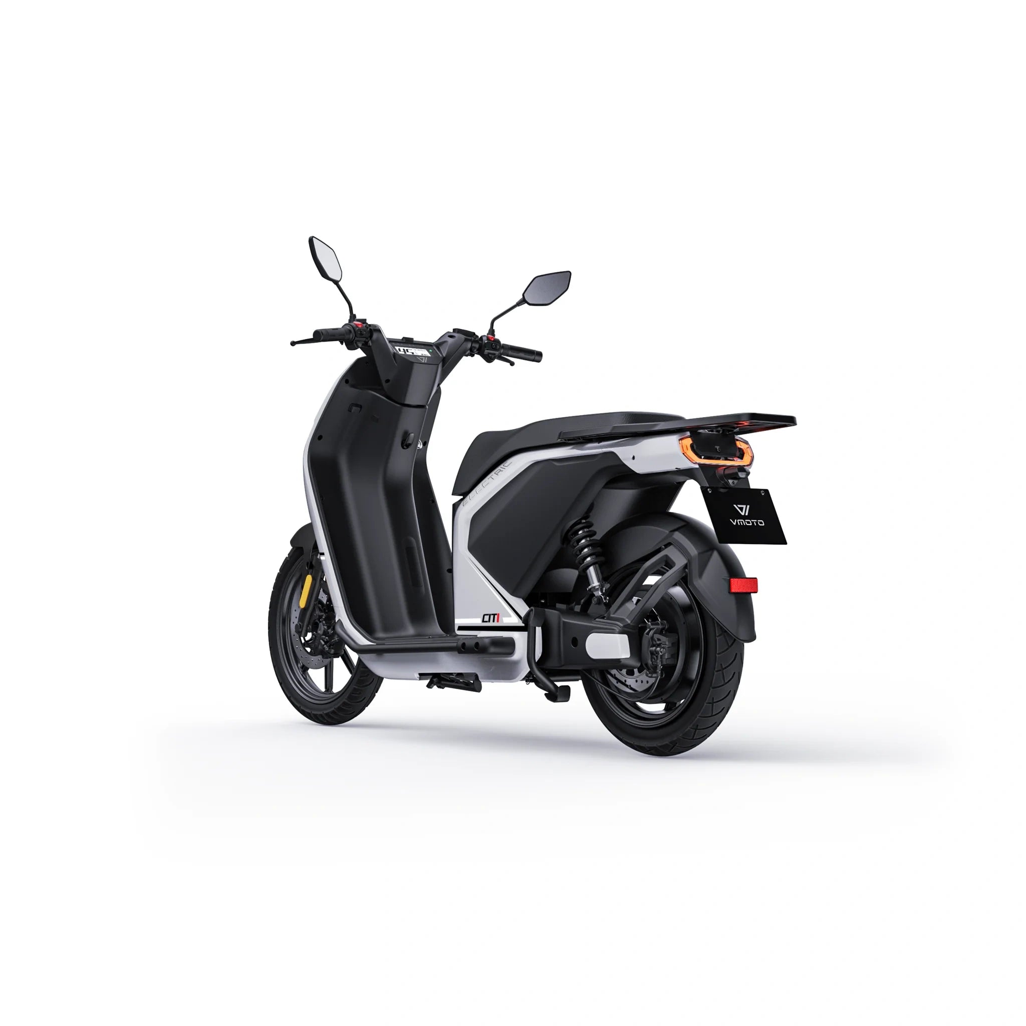 Weißer VMoto CITI Elektroroller, Heckperspektive – 74V/2×30Ah, 45 km/h (L1e). Erhältlich bei SONS OF ELECTRICITY in Dortmund, Deutschland.