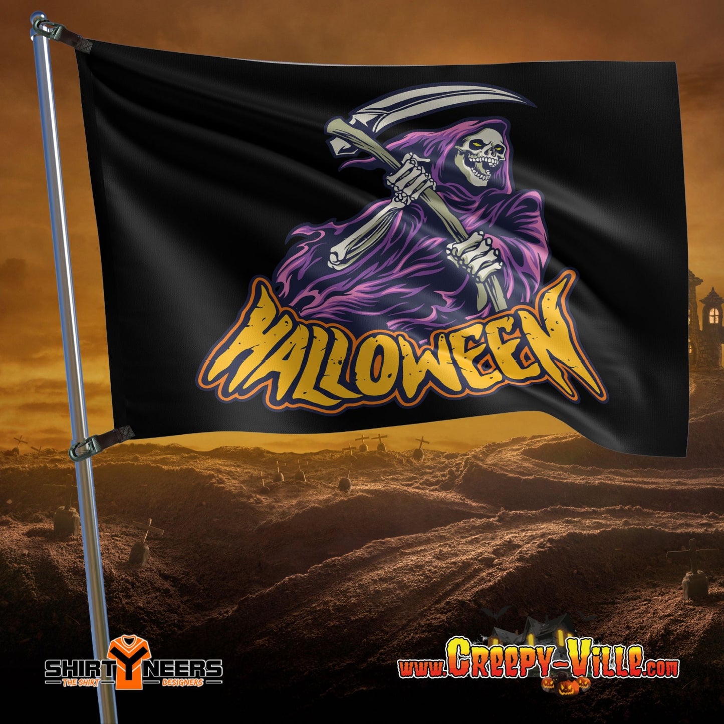 Creepy-Ville - Halloween Skull Grim Reaper - Fahne 90 X 150